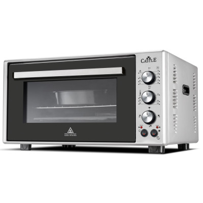 Електродуховка Castle CPE-50G Grey, 1600W, 50 л, конвекція, подвійне термостійке скло, підсвітка, схований нижній нагрівальний елемент, таймер, термостат, сховані регулятори, 2 емальовані протвеня та 1 решітка