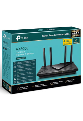 Роутер TP-LINK Archer AX55, Black, Wi-Fi 6, до 3000 Mb/s, 2.4/5GHz, 4x100/1000 Mb/s, RJ45 100/1000Mb/s (Gb), 4 зовнішні незнімні антени, 1 х USB 3.0