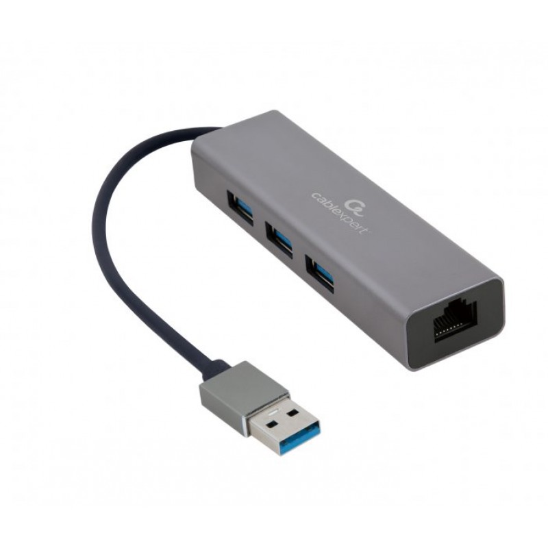 Мережевий адаптер USB Cablexpert A-AMU3-LAN-01, с USB-A на Gigabit Ethernet, 3 Ports USB 3.1 Gen1 (5 Gbps), 1000 Mbps, металл, серый