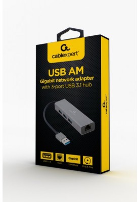 Мережевий адаптер USB Cablexpert A-AMU3-LAN-01, с USB-A на Gigabit Ethernet, 3 Ports USB 3.1 Gen1 (5 Gbps), 1000 Mbps, металл, серый
