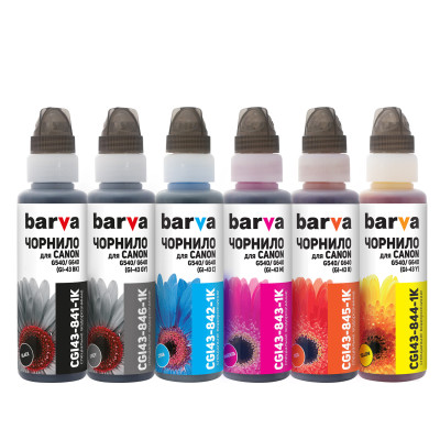 Комплект чорнил Barva Canon GI-43 для G540, G640, Black/Cyan/Grey/Magenta/Red/Yellow, 6x100 мл, водорозчинні, флакони OneKey (CGI43-1K-MP)