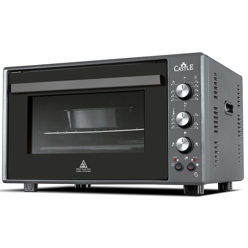 Електродуховка Castle CPE-40H, Matte Black, 1300W, 40 л, конвекція, подвійне термостійке скло, підсвітка, схований нижній нагрівальний елемент, таймер, термостат, сховані регулятори, 2 емальовані протвеня та 1 решітка