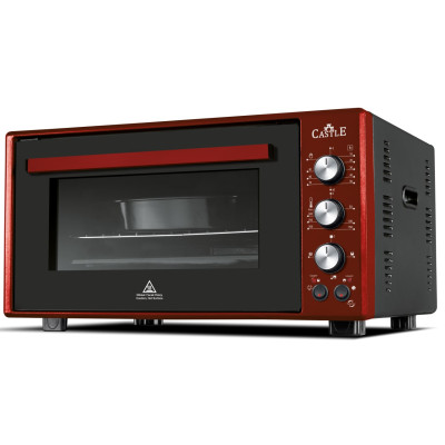 Електродуховка Castle CPE-50R Red, 1600W, 50 л, конвекція, подвійне термостійке скло, підсвітка, схований нижній нагрівальний елемент, таймер, термостат, сховані регулятори, 2 емальовані протвеня та 1 решітка