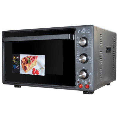Електродуховка Castle CPE-60G Grey, 1800W, 60 л, конвекція, подвійне термостійке скло, підсвітка, схований нижній нагрівальний елемент, таймер, термостат, сховані регулятори, 2 емальовані протвеня та 1 решітка