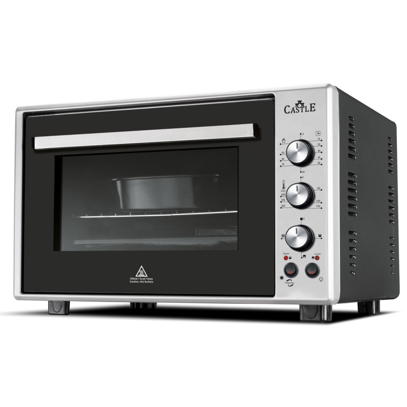 Електродуховка Castle CPE-60M Black/Gray, 1800W, 60 л, конвекція, подвійне термостійке скло, підсвітка, схований нижній нагрівальний елемент, таймер, термостат, сховані регулятори, 2 емальовані протвеня та 1 решітка