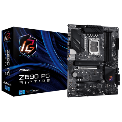 Мат.плата LGA1700, ASRock Z690 PG Riptide, Z690, 4xDDR4, Int.Video(CPU), 8xSATA3, 3xM.2, 1xPCI-E 16x 5.0, 1xPCI-E 16x 4.0, 3xPCI-E 1x 3.0, 1xM.2 (Key E), ALC897, Killer E3100G, 8xUSB3.2/6xUSB2.0, CrossFire, HDMI, ATX