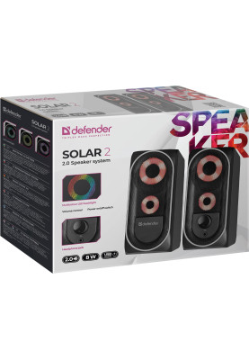 Колонки 2.0 Defender Solar 2, Black, 8 Вт, 3.5 мм, LED підсвічування, живлення від USB, регулятор гучності, роз'єм для навушників (65402)