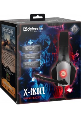 Навушники Defender X-Skull, Black/Grey, 2 x Mini jack (3.5 мм) + USB, динаміки 40 мм, світлодіодне підсвічування корпусу навушників, регулятор гучності на кабелі, 16 Ом, 112 дБ, 2.1 м (64585)