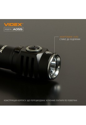 Ліхтар ручний Videx A055, Black, 600 лм, 5700K, до 115 м, 3 режими роботи, лінзи із загартованого скла, світлодіод Luminus SST20, 10W, акумулятор (16340, 800 mAh, знімний), IP68, 60 г (VLF-A055)