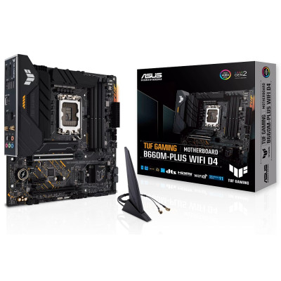 Мат.плата LGA1700, Asus TUF GAMING B660M-PLUS WIFI D4, B660, 4xDDR4, Int.Video(CPU), 4xSATA3, 2xM.2, 1xPCI-E 16x 5.0, 1xPCI-E 16x 3.0, 1xPCI-E 1x 4.0, ALC997, 2.5GLan, WiFi 6, Bluetooth 5.2, 8xUSB3.2/4xUSB2.0, HDMI/DP, MicroATX