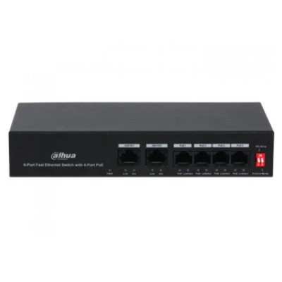 PoE комутатор Dahua DH-PFS3006-4ET-36, 4x10/100 PoE, 2хRJ45 Uplink, 194х108х35 мм, Black