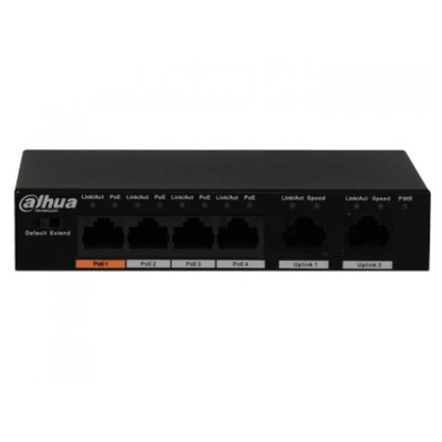 PoE комутатор Dahua DH-PFS3006-4GT-60, 4x100/1000 PoE, 2хRJ45 Uplink, 130х85х26 мм, Black