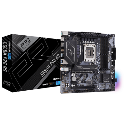 Мат.плата LGA1700, ASRock B660M Pro RS, B660, 4xDDR4, Int.Video(CPU), 4xSATA3, 2xM.2, 2xPCI-E 16x 4.0, 1xPCI-E 1x 3.0, 1xM.2 (Key E), ALC897, I219V, 6xUSB3.2/6xUSB2.0, HDMI/DP, CrossFire, MicroATX