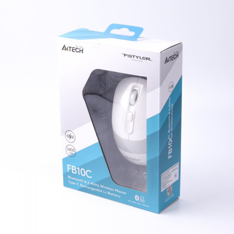 Миша A4Tech Fstyler FB10C, Grayish White, USB, бездротова, оптична, BT+RF (Combo), 1200/1600/2000/2400 dpi, 125 Hz, 4 кнопки, вбудований Li акумулятор