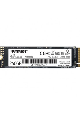 Твердотільний накопичувач M.2 240Gb, Patriot P310, PCI-E 3.0 x4, 3D TLC, 1700/1000 MB/s (P310P240GM28)