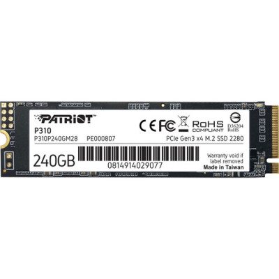 Твердотільний накопичувач M.2 240Gb, Patriot P310, PCI-E 3.0 x4, 3D TLC, 1700/1000 MB/s (P310P240GM28)