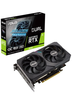 Відеокарта GeForce RTX 3050, Asus, DUAL OC, 8Gb GDDR6, 128-bit, HDMI/3xDP, 1852/14000 MHz, 8-pin (DUAL-RTX3050-O8G)