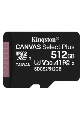 Карта пам'яті microSDXC, 512Gb, Kingston Canvas Select Plus, Class 10 UHS-I U3 V30 A1, без адаптера, до 100 / 85 MB/s (SDCS2/512GBSP)
