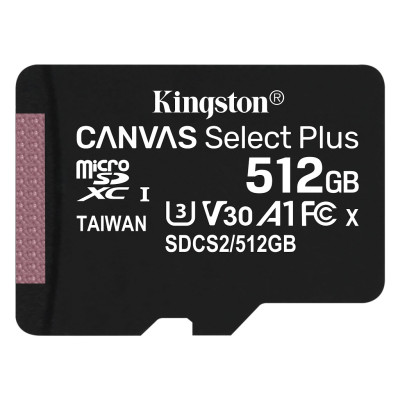 Карта пам'яті microSDXC, 512Gb, Kingston Canvas Select Plus, Class 10 UHS-I U3 V30 A1, без адаптера, до 100/85 MB/s (SDCS2/512GBSP)