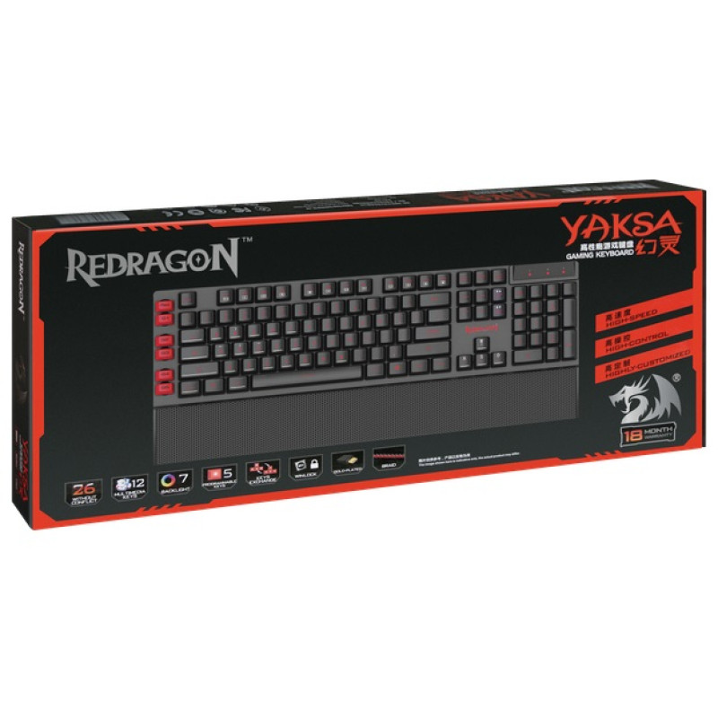 Клавіатура Redragon Yaksa, Black, USB, мембранна, 7 кольорів підсвічування, 12 мультимедійних клавіш, підставка під зап'ястя (70392)