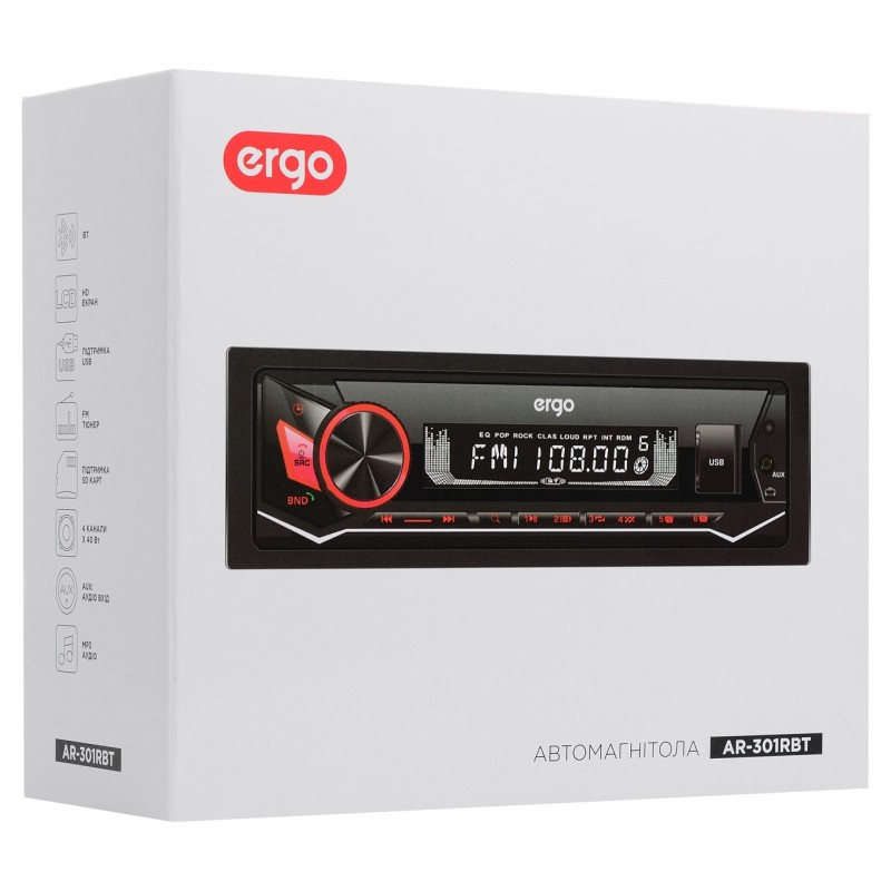 Автомагнітола Ergo AR-301RBT, Black, 1 Din, Bluetooth, USB/SD, пульт ДК