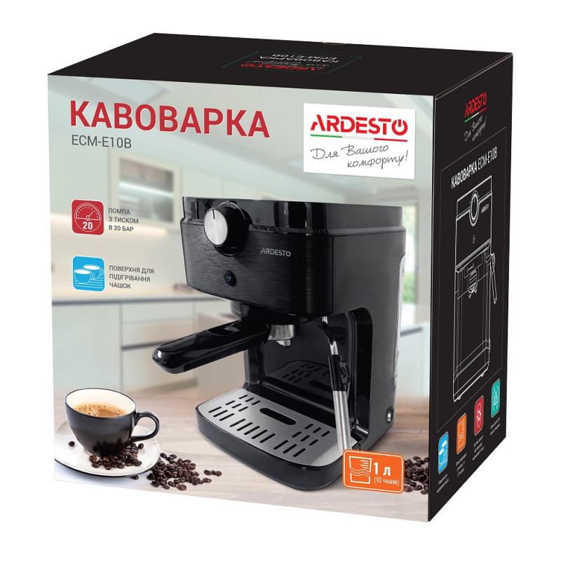 Кавоварка Ardesto ECM-E10B, Black/Silver, 1633W, ріжкова, резервуар 1л.