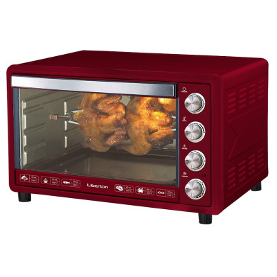 Електродуховка Liberton LEO-651 Dark Red, 2200W, 65 л, металевий корпус, індикатор роботи, таймер, конвекція, вертел, 3 режими нагрівання