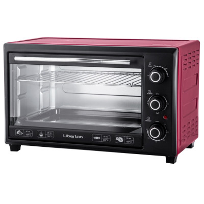 Електродуховка Liberton LEO-351 Red, 1800W, 35 л, механічне керування, таймер, 3 режими нагрівання, термостат 250 град, комплектація решітка, деко, тримач для деко