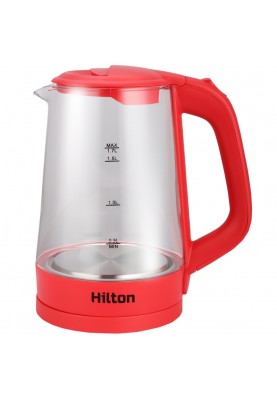 Електрочайник Hilton HEK-178, Red, 2000W, 1.7 л, скло, дисковий, LED-підсвічування, індикатор рівня води, автовідключення