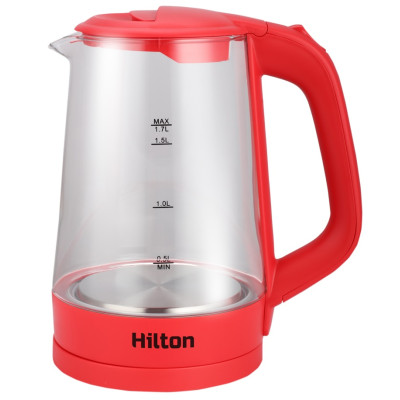 Електрочайник Hilton HEK-178, Red, 2000W, 1.7 л, скло, дисковий, LED-підсвічування, індикатор рівня води, автовідключення