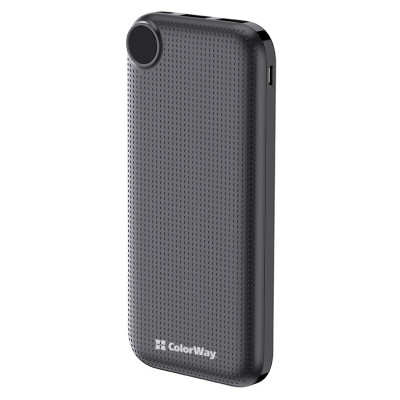 Універсальна мобільна батарея 10000 mAh, ColorWay, Black, 22.5W, Quick Charge 3.0, 2xUSB (Type-C+Micro-USB), LED индикатор, кабель USB <-> Type C (CW-PB100LPI3BK-PDD)