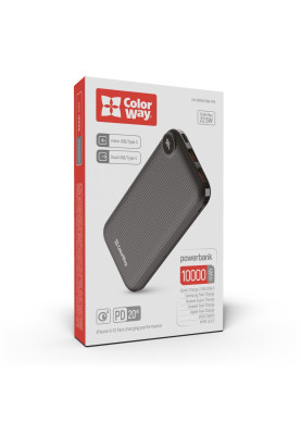 Універсальна мобільна батарея 10000 mAh, ColorWay, Black, 22.5W, Quick Charge 3.0, 2xUSB (Type-C+Micro-USB), LED индикатор, кабель USB <-> Type C (CW-PB100LPI3BK-PDD)