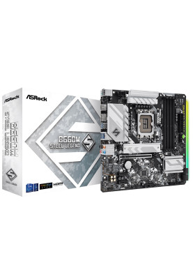 Мат.плата LGA1700, ASRock B660M Steel Legend, B660, 4xDDR4, Int.Video(CPU), 6xSATA3, 2xM.2, 1xPCI-E 16x 5.0, 2xPCI-E 1x 3.0, 1xM.2 (Key E), ALC897, RTL8125BG, 6xUSB3.2/6xUSB2.0, HDMI/DP, MicroATX