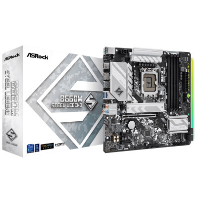 Мат.плата LGA1700, ASRock B660M Steel Legend, B660, 4xDDR4, Int.Video(CPU), 6xSATA3, 2xM.2, 1xPCI-E 16x 5.0, 2xPCI-E 1x 3.0, 1xM.2 (Key E), ALC897, RTL8125BG, 6xUSB3.2/6xUSB2.0, HDMI/DP, MicroATX