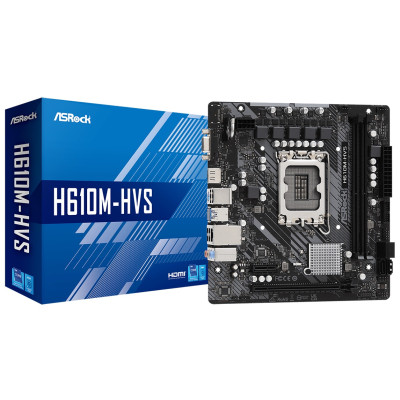 Мат.плата LGA1700, ASRock H610M-HVS, H610, 2xDDR4, Int.Video(CPU), 4xSATA3, 1xPCI-E 16x 4.0, 1xPCI-E 1x 3.0, ALC897, RTL8111H, 4xUSB3.2/6xUSB2.0, VGA/HDMI, MicroATX
