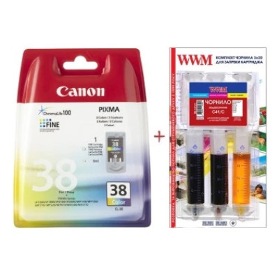 Картридж Canon CL-38, Color, iP1800/1900/2500/2600, MP140/190/210/220/470, MX300/310, 9 мл + заправний набір WWM 3x20 мл чорнила C41 (Set38-inkC)