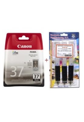 Картридж Canon PG-37, Black, iP1800/1900/2500/2600, MP140/190/210/220/470, MX300/310, 11 мл + заправний набір WWM 3x20 мл чорнила C40/BP (Set37-inkB)