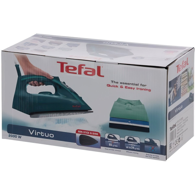 Праска Tefal FV1712E0, Blue, 1800W, підошва антипригарна, резервуар для води 200мл, паровий удар 80г/хв, вертикальне відпарювання