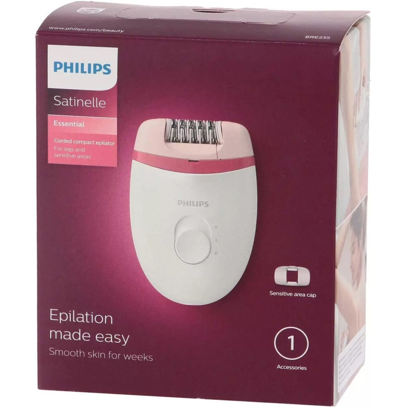 Епілятор Philips BRE235/00 Satinelle Essential, White/Pink, суха епіляція, 2 швидкості, робота від мережі
