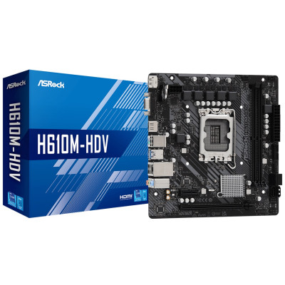 Мат.плата LGA1700, ASRock H610M-HDV, H610, 2xDDR4, Int.Video(CPU), 4xSATA3, 1xPCI-E 16x 4.0, 1xPCI-E 1x 3.0, ALC897, RTL8111H, 4xUSB3.2/6xUSB2.0, VGA/HDMI/DP, MicroATX