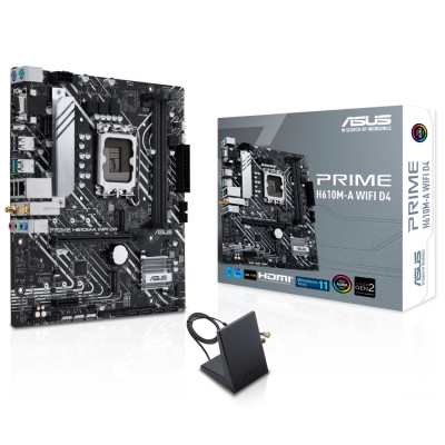 Мат.плата LGA1700, Asus PRIME H610M-A WIFI D4, H610, 2xDDR4, Int.Video(CPU), 4xSATA3, 2xM.2, 1xPCI-E 16x 4.0, 1xPCI-E 1x 3.0, ALC997, I225V, WiFi 5, Bluetooth 5.0, 4xUSB3.2/6xUSB2.0, VGA/HDMI/DP, MicroATX