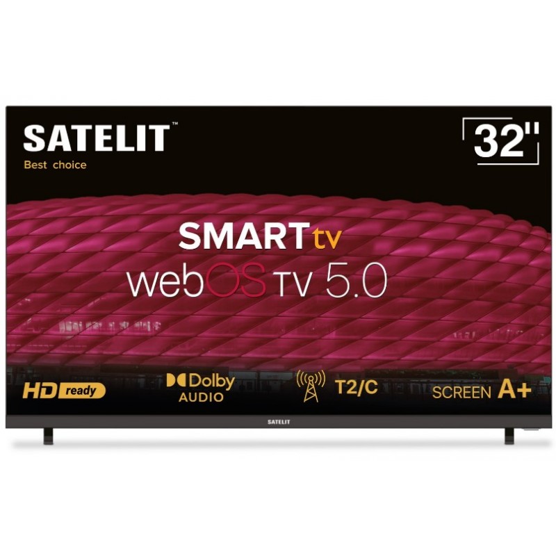 Телевізор 32" Satelit 32H9200WS, LED, 1366x768, 60 Гц, Smart TV, DVB-T2/C, 4xHDMI, 2xUSB, VESA 75x75