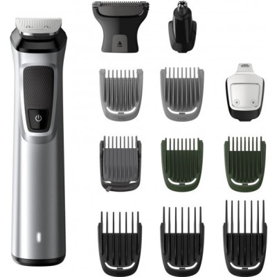 Тример Philips MG7715/15, Silver, 13 насадок, живлення від аккумулятора, ножі, що самозаточуються, вологе очищення, індикатор зарядки, стрижка вологого волосся, швидка зарядка