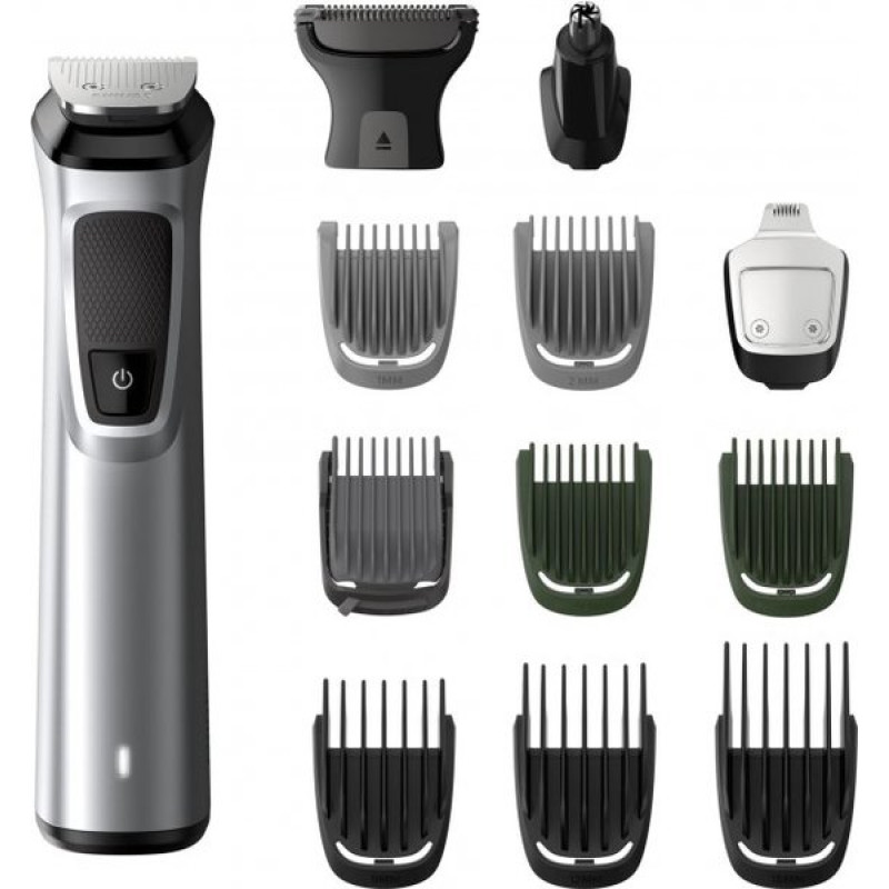 Тример Philips MG7715/15, Silver, 13 насадок, живлення від аккумулятора, ножі, що самозаточуються, вологе очищення, індикатор зарядки, стрижка вологого волосся, швидка зарядка
