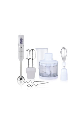Блендер Liberton LHB-0601 White, 600W, занурювальний, 2 швидкості, аксесуари: вінчик для збивання, мірний стакан (600мл), чаша подрібнювача (400мл), насадка-міксер із двома вінчиками, гаки для замішування тіста