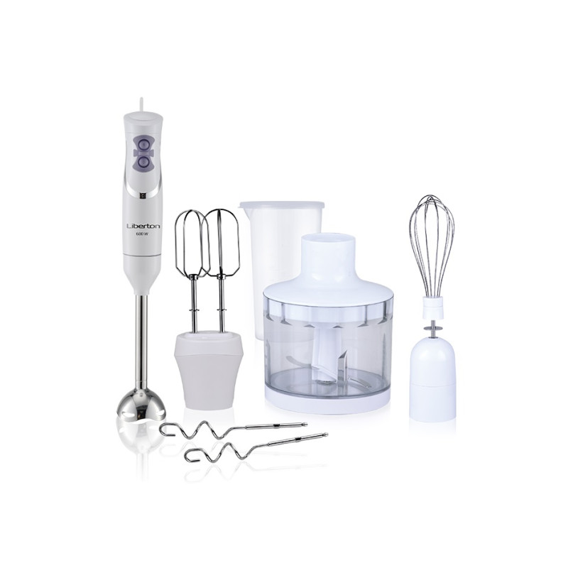 Блендер Liberton LHB-0601 White, 600W, занурювальний, 2 швидкості, аксесуари: вінчик для збивання, мірний стакан (600мл), чаша подрібнювача (400мл), насадка-міксер із двома вінчиками, гаки для замішування тіста Блендер Liberton LHB-0601 White, 600W, занурювальний, 2 швидкості, аксесуари: вінчик для збивання, мірний стакан (600мл), чаша подрібнювача (400мл), насадка-міксер із двома вінчиками, гаки для замішування тіста