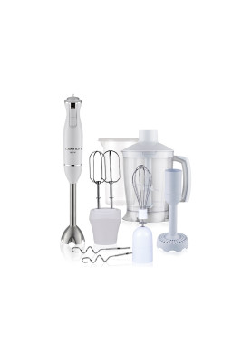 Блендер Liberton LHB-0802 White, 800W, занурювальний, 2 швидкості, аксесуари: вінчик для збивання, мірний стакан (600мл), чаша подрібнювача (1250мл), насадка-міксер із двома вінчиками, гаки для замішування тіста, насадка для пюре