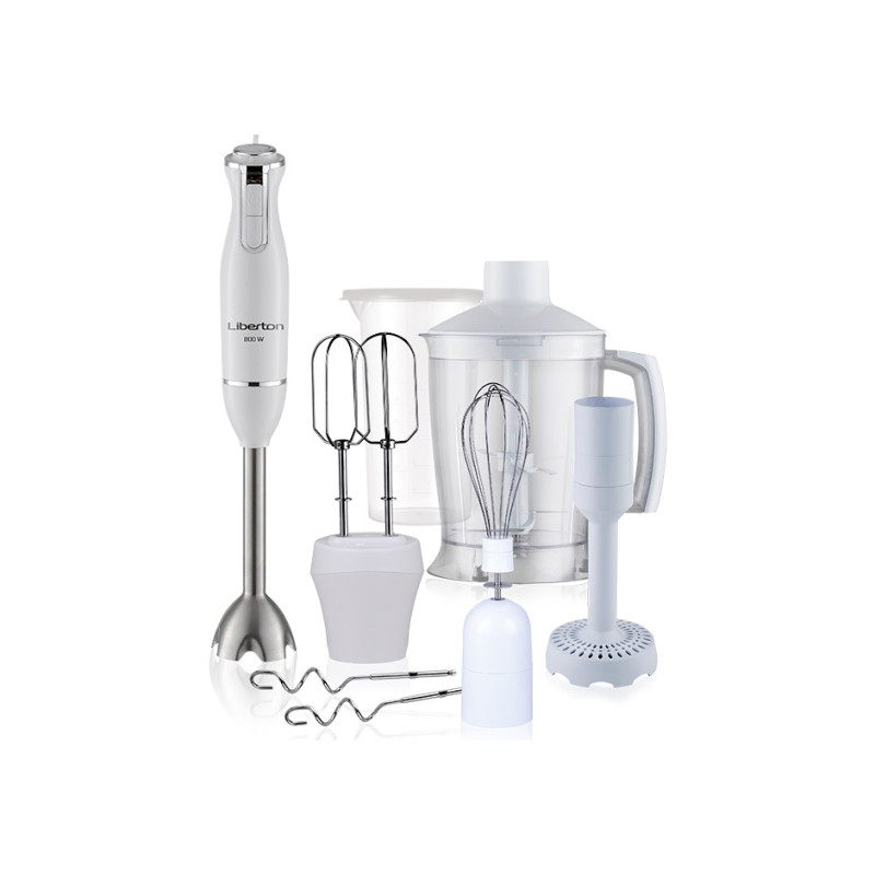 Блендер Liberton LHB-0802 White, 800W, занурювальний, 2 швидкості, аксесуари: вінчик для збивання, мірний стакан (600мл), чаша подрібнювача (1250мл), насадка-міксер із двома вінчиками, гаки для замішування тіста, насадка для пюре