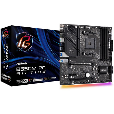 Мат.плата AM4 (B550) ASRock B550M PG Riptide, B550, 4xDDR4, Int.Video(CPU), 4xSATA3, 2xM.2, 2xPCI-E 16x 4.0, 1xPCI-E 1x 3.0, 1xM.2 (Key E), ALC897, RTL8125BG, 8xUSB3.2/6xUSB2.0, HDMI/DP, CrossFireX, MicroATX