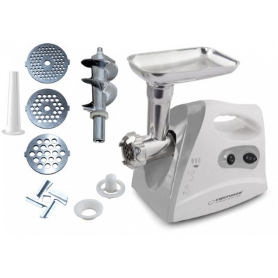М'ясорубка Esperanza EKM012E MEATBALL, White, 600W, диски для подрібнення 2,7мм, 4мм, 8мм, насадка для ковбасок/«кеббе», реверс, набір шатківниць: маленькі отвори, великі отвори, для нарізки